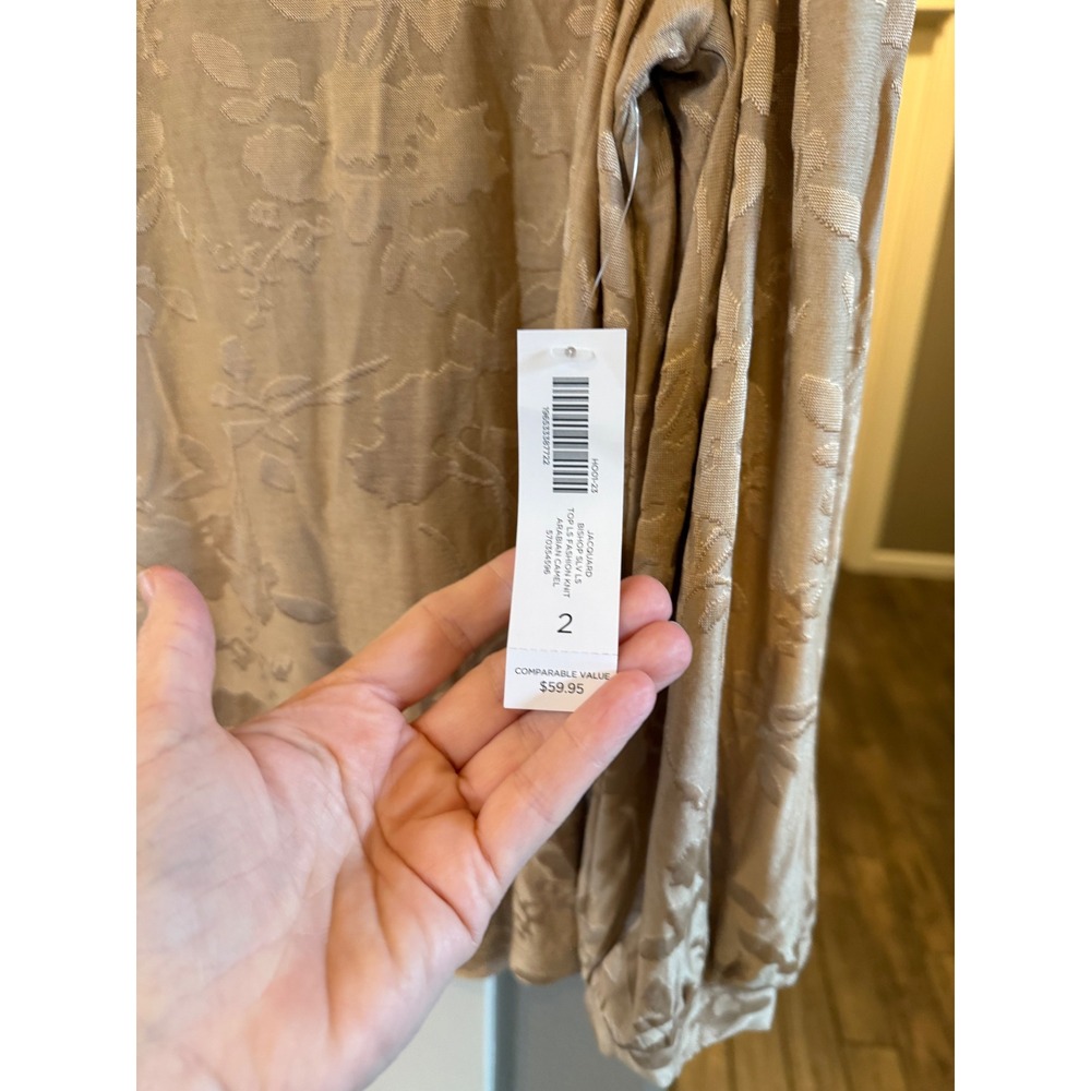 Chico's NWT Gold/Camel Floral V-Neck Puffed Bishop Sleeves Size 2 (12/L) Blouse - Picture 6 of 9